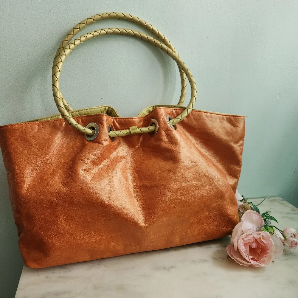 Susan Farber Sicily Metallic Orange Hobo Bag Large‎ Leather Purse Handbag - Picture 2 of 6